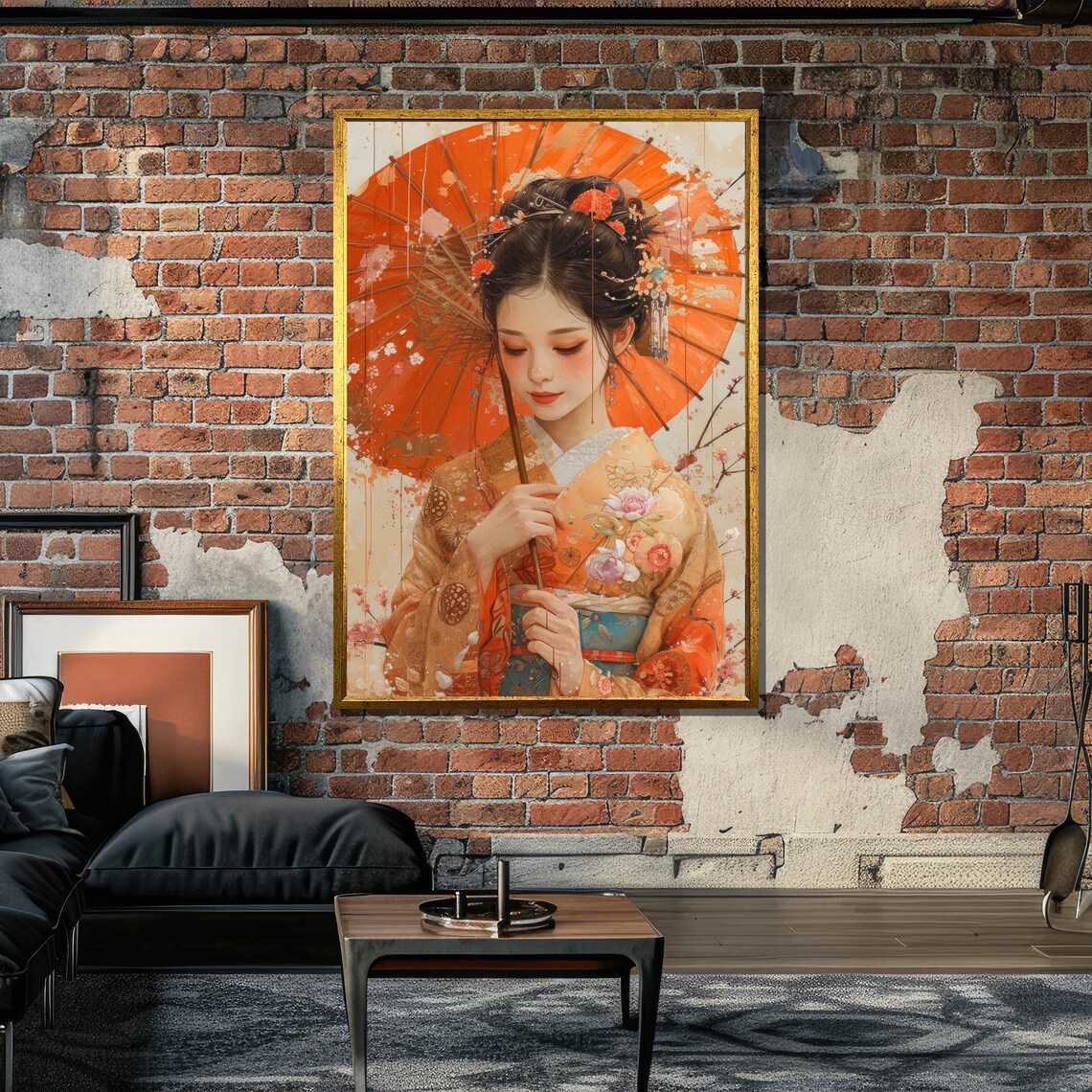 Japanese Woman With Orange Parasol, Boho Portrait Art - Image 6