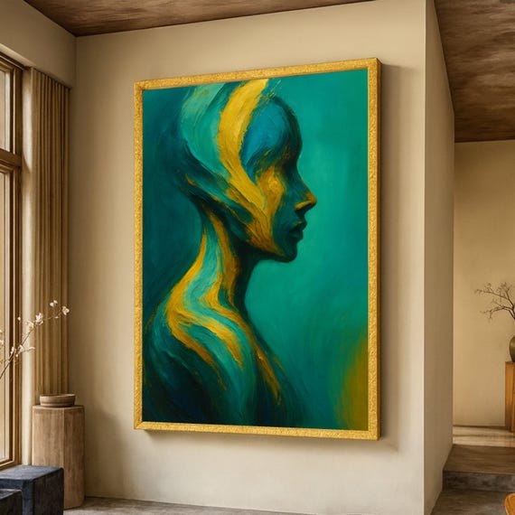 Abstract Female Silhouette Canvas Blue And Gold Modern Wall Art Contemporary Portrait Painting Artistic Home Decor Ready To Hang