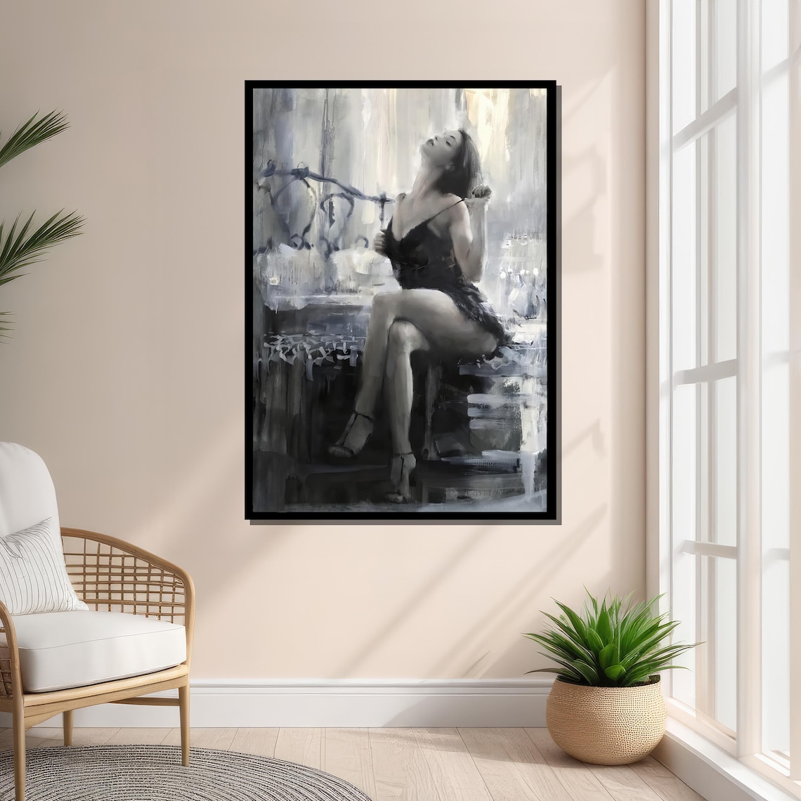 Elegant Woman in Black Lace, Monochromatic Realism - Image 3