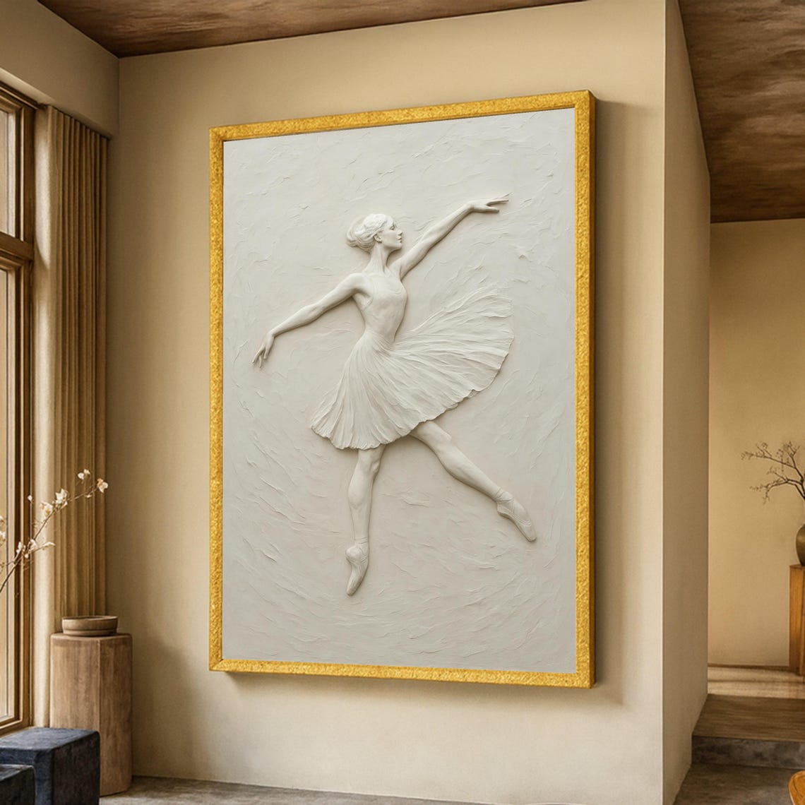 Elegant Ballerina Dancer White Plaster Relief 3D Sculpture Art Poster