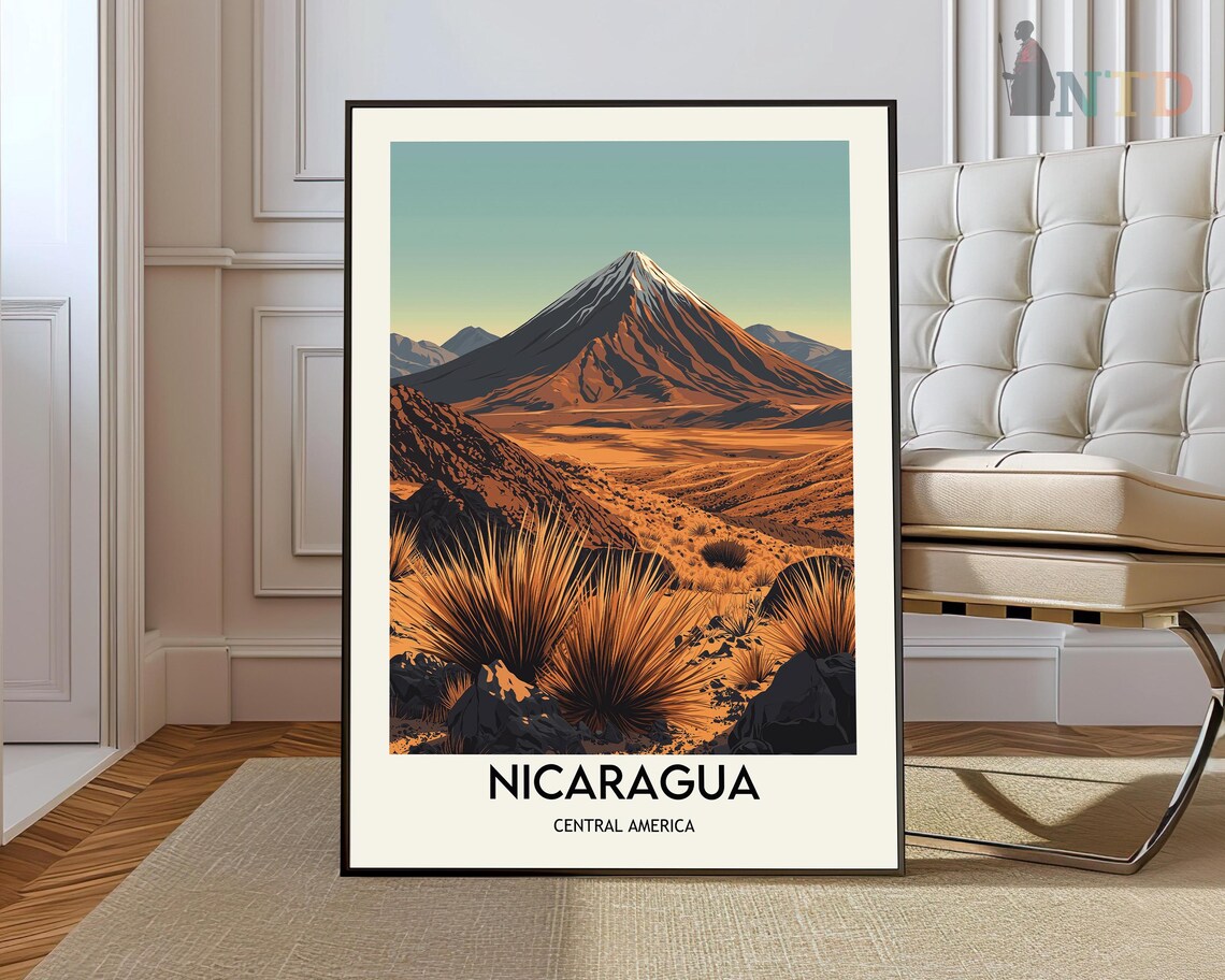 Nicaragua Volcano Sunset Agave Desert Golden Retro Travel Poster