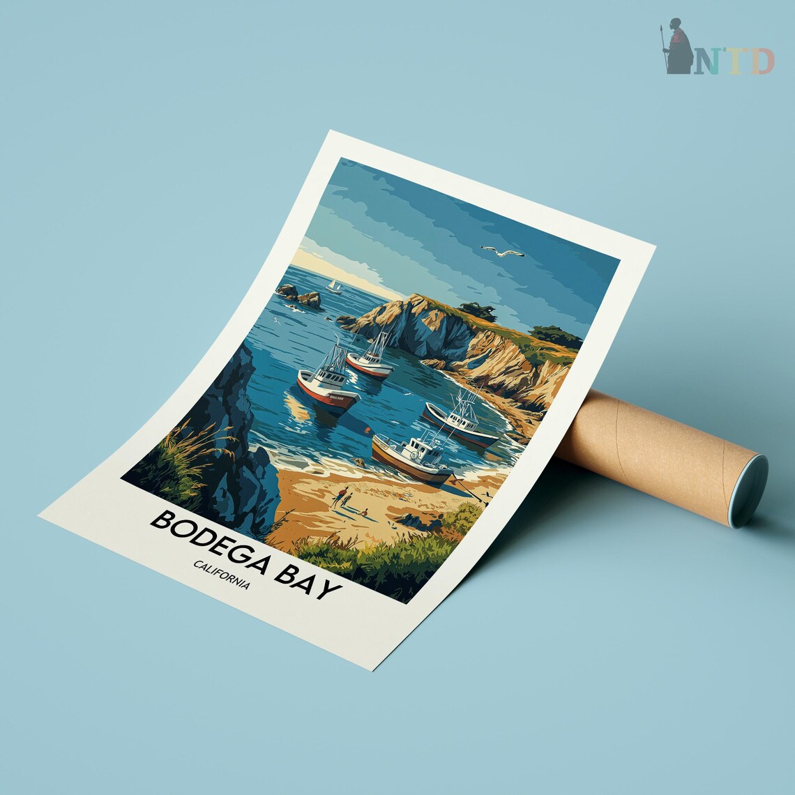 Bodega Bay California Fishing Boats Rocky Cove Cliffs Poster - Image 3