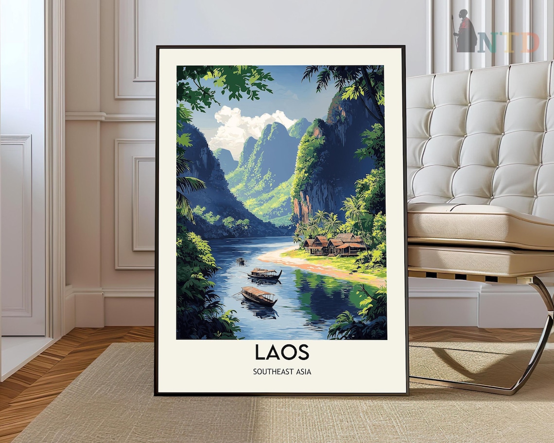 Laos Southeast Asia Mekong River Karst Valley Boats Travel Poster