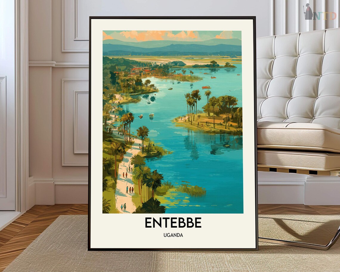 Entebbe Uganda Palm Promenade Lakeside Vintage Travel Poster Art