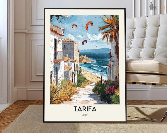 Tarifa Spain Paragliders Over Sunny Beach Town Travel Poster
