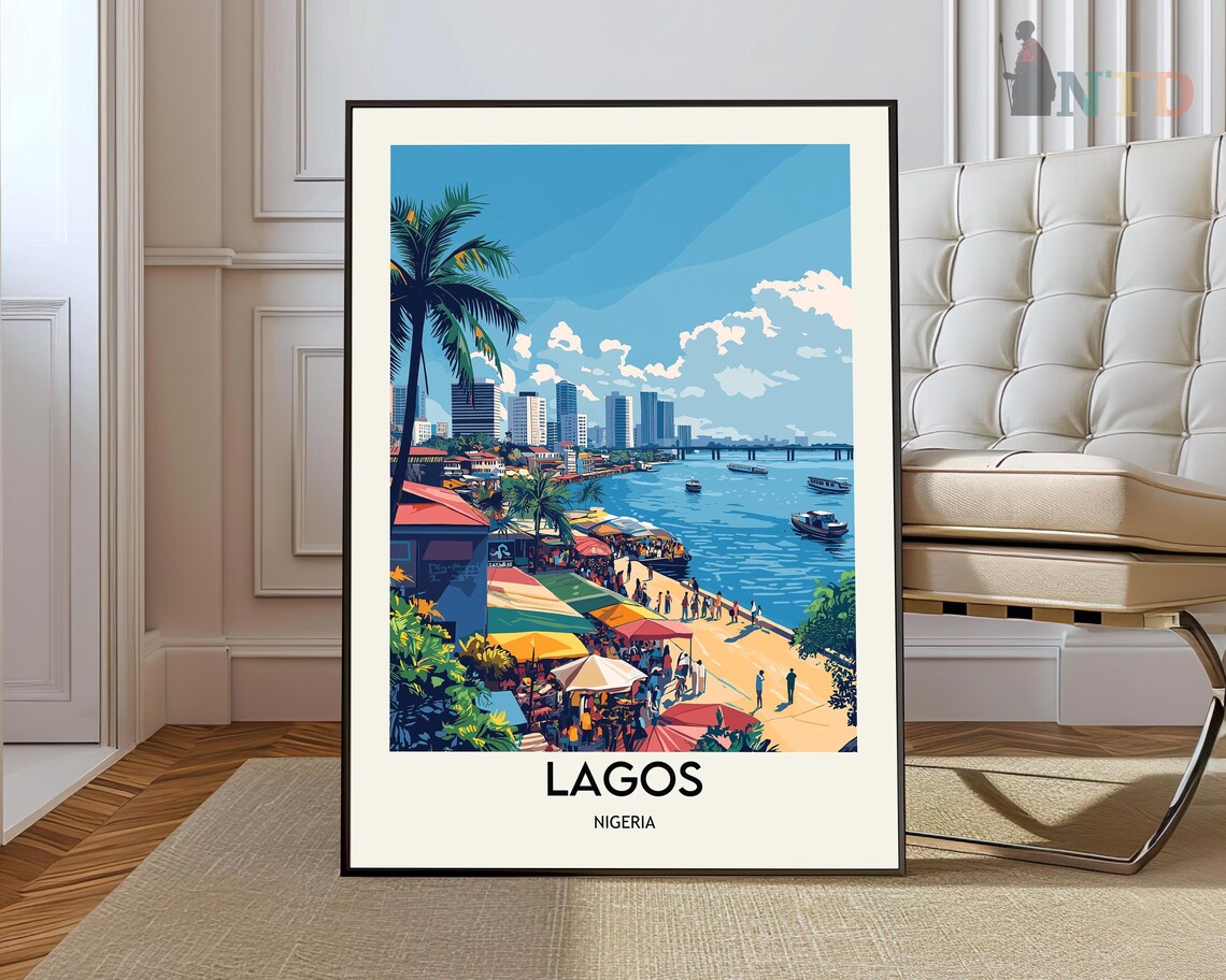 Lagos Nigeria Beachfront Market City Waterfront Vintage Travel Poster