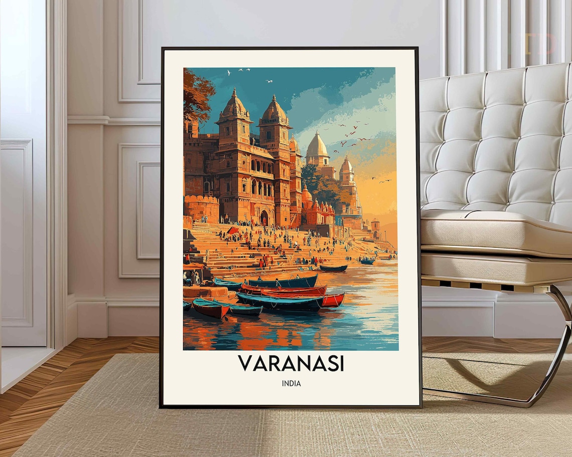 Varanasi India Ganges Ghats Temples Boats River Travel Poster