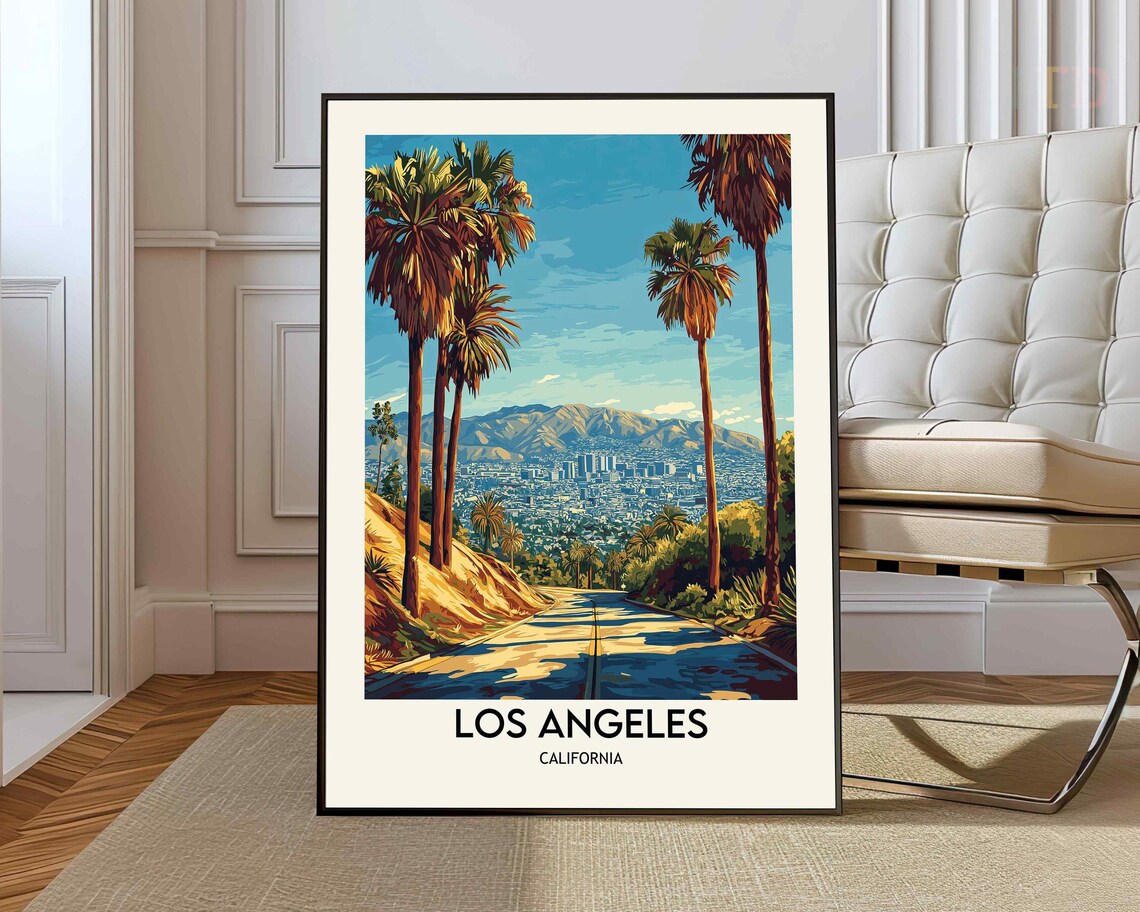 Los Angeles Palm Tree Road City Skyline Mountain View Travel Poster