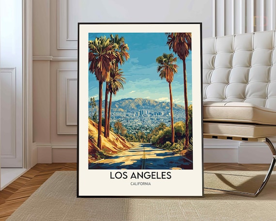 Los Angeles Palm Tree Road City Skyline Mountain View Travel Poster