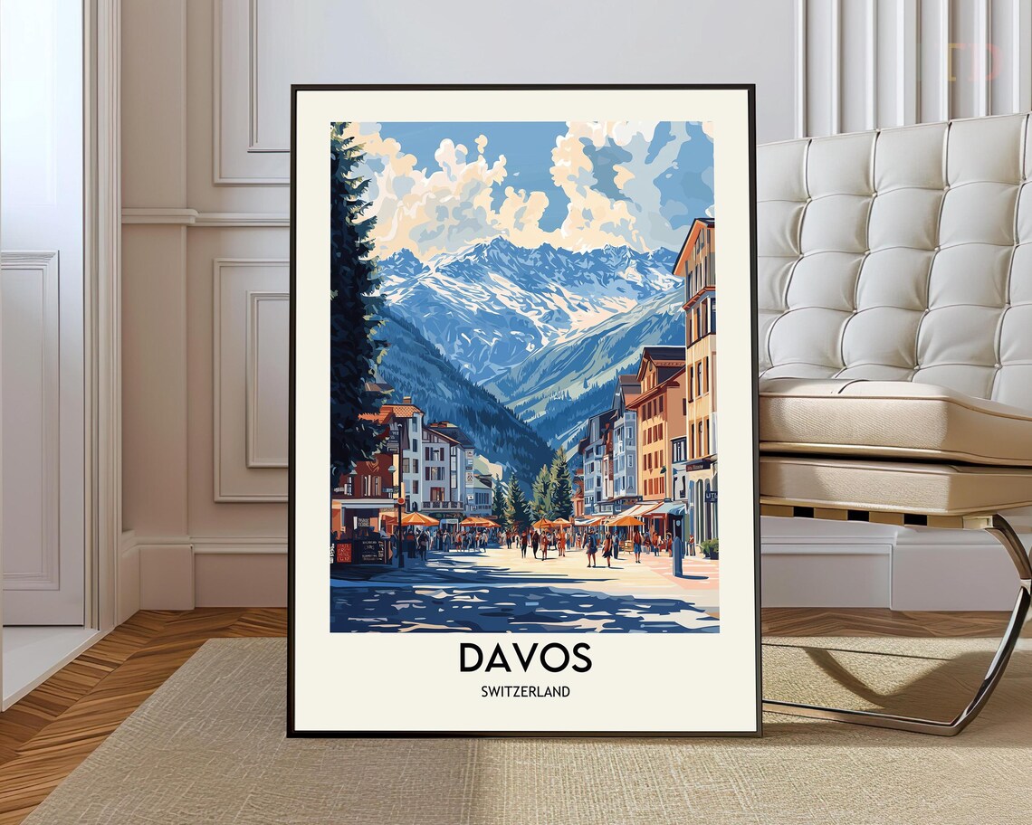 Davos Switzerland Alpine Travel Poster With Snowy Mountain Town Street