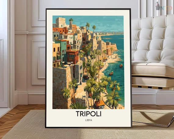 Tripoli Libya Travel Poster With Colorful Old Town Overlooking The Sea