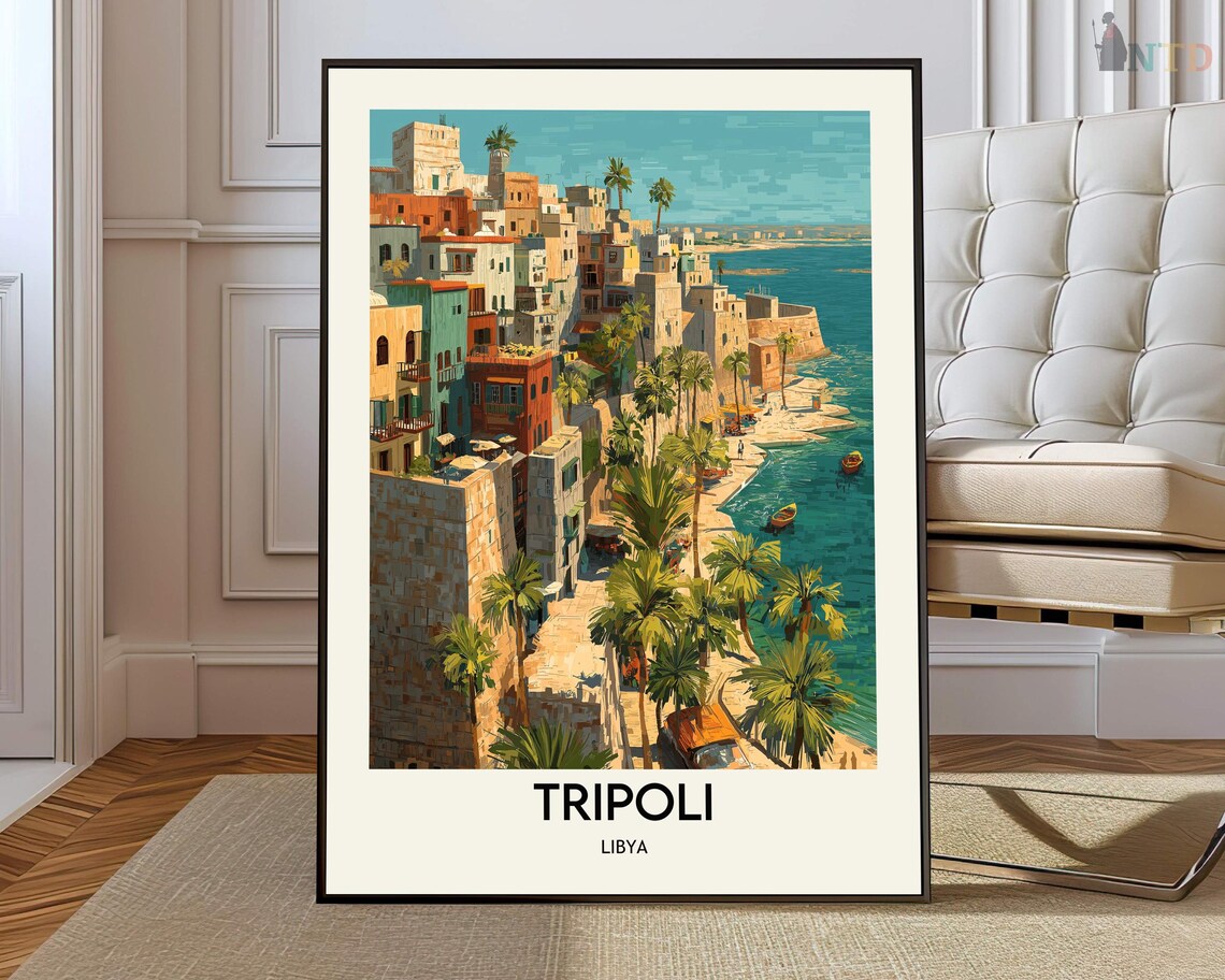 Tripoli Libya Travel Poster With Colorful Old Town Overlooking The Sea
