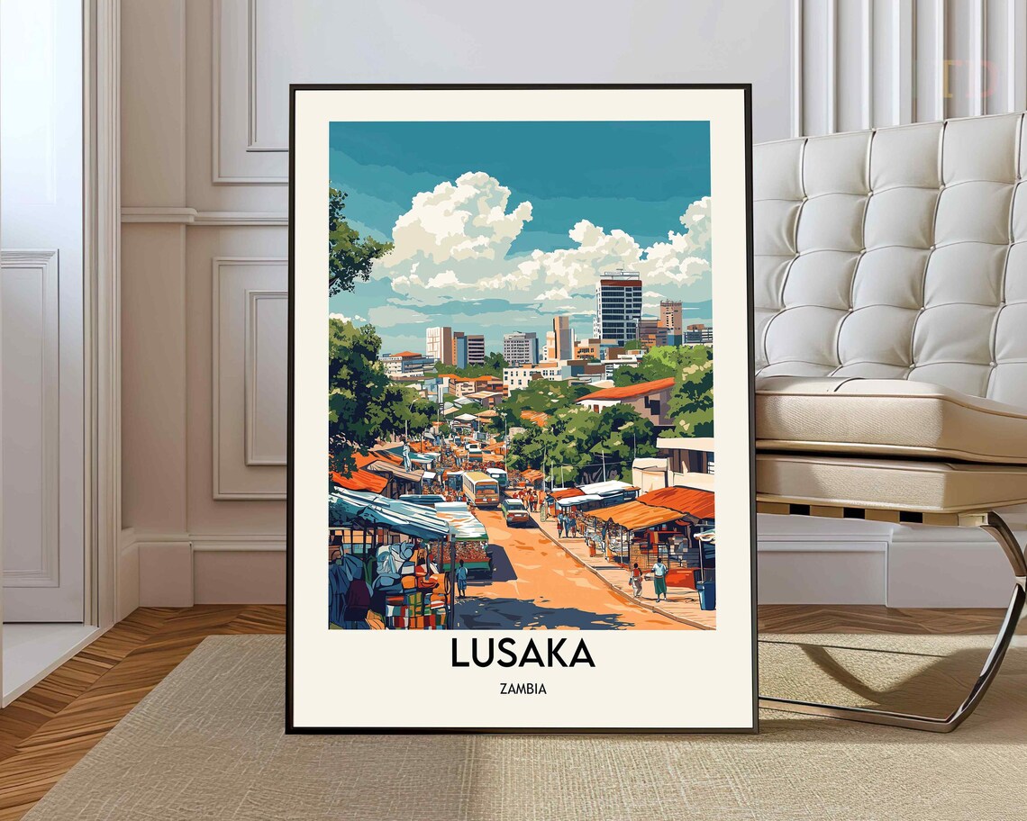 Lusaka Zambia Street Market Skyline Colorful Africa Travel Poster