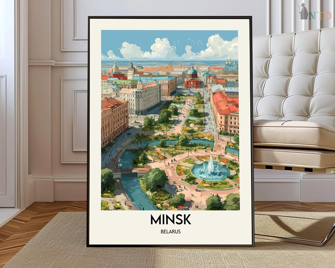 Minsk Belarus Illustrated Vintage Travel Poster Daytime City View