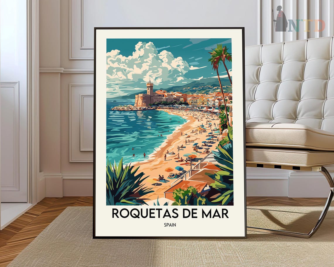Roquetas De Mar Spain Retro Beach Poster Castillo Santa Ana Art
