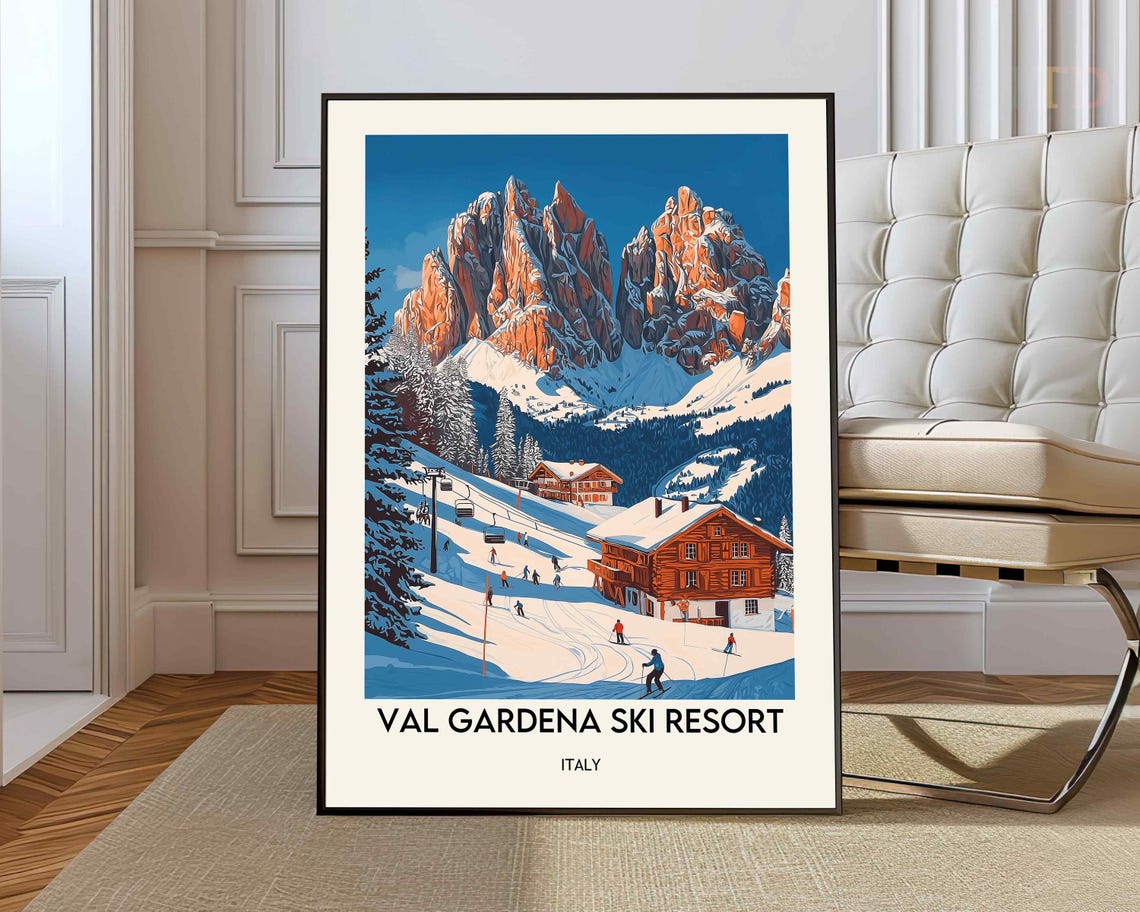 Val Gardena Ski Resort Italy Dolomites Dramatic Snowy Vintage Poster