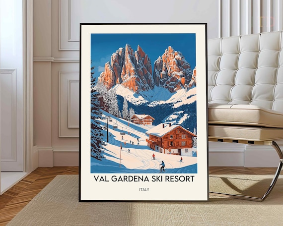Val Gardena Ski Resort Italy Dolomites Dramatic Snowy Vintage Poster