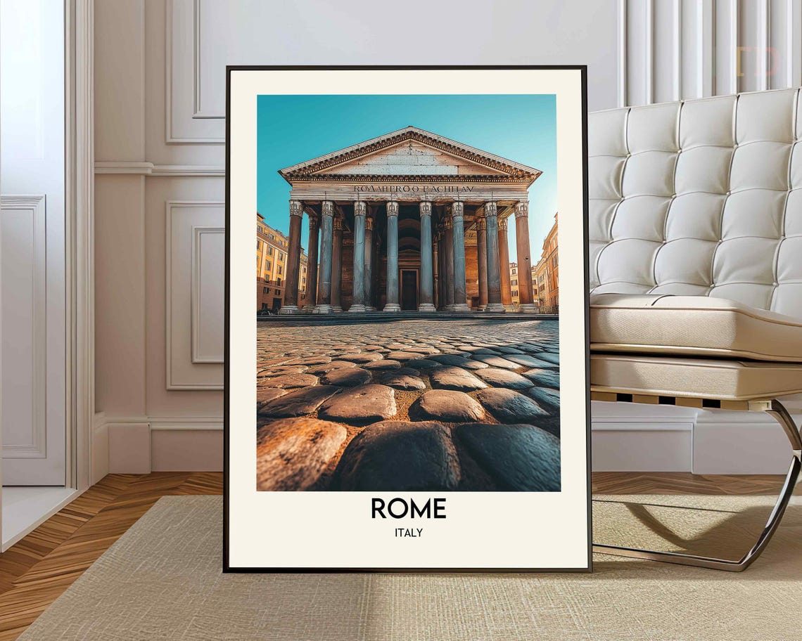 Rome Italy Pantheon Ancient Temple Cobblestone Plaza Daytime Poster