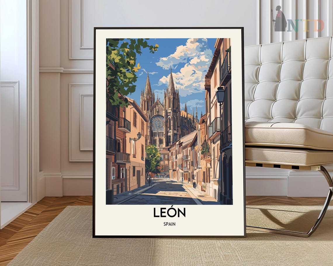 Leon Spain Sunny Gothic Cathedral Street Vintage Travel Poster