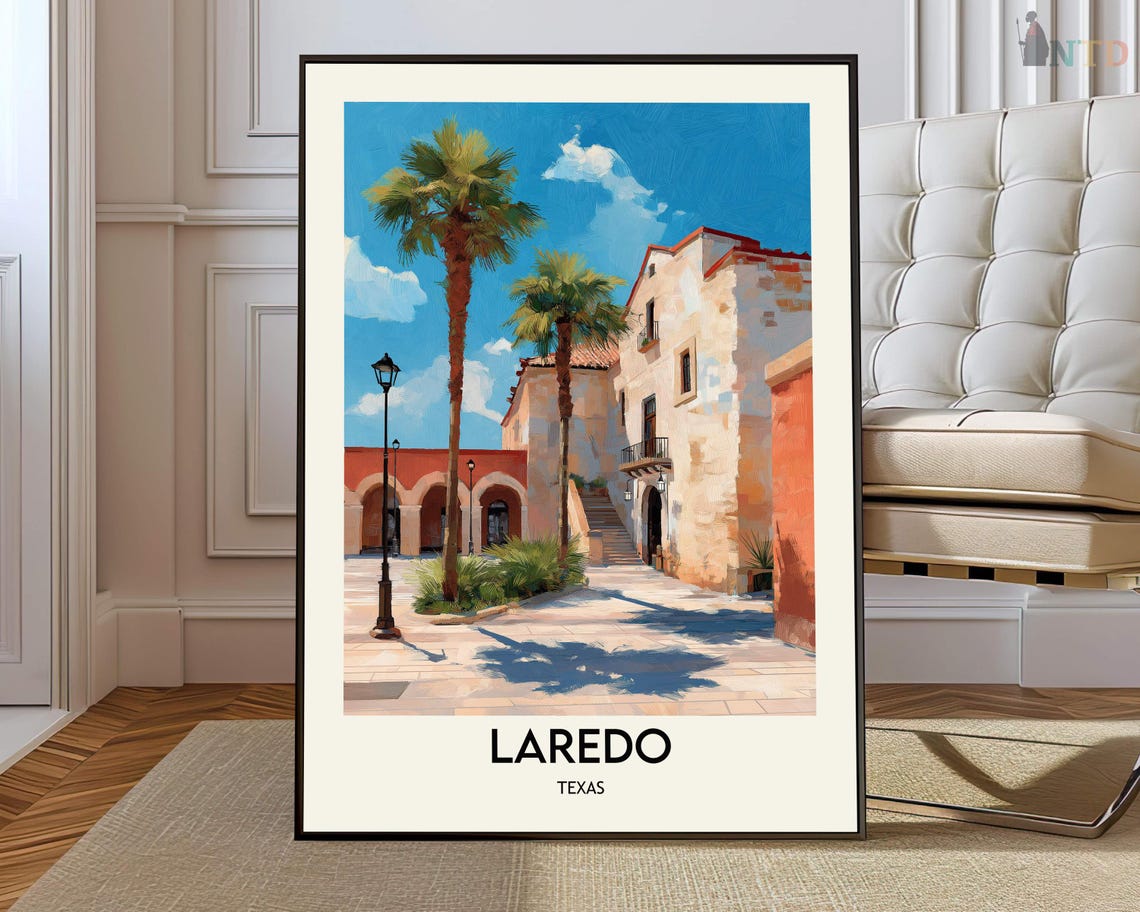 Laredo Texas Spanish Colonial Plaza Palm Trees Vintage Travel Poster