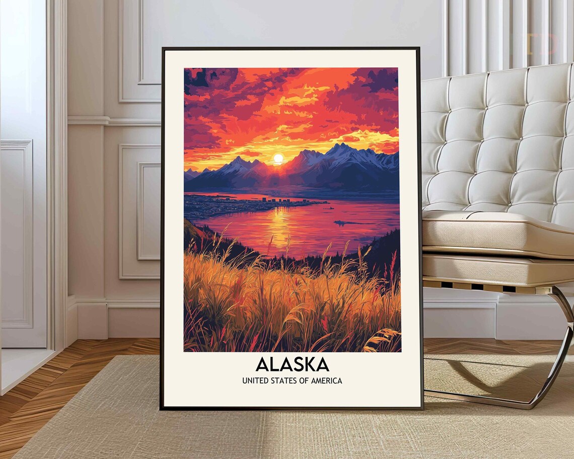 Alaska Coastal Sunset Golden Grassy Hills View Travel Poster
