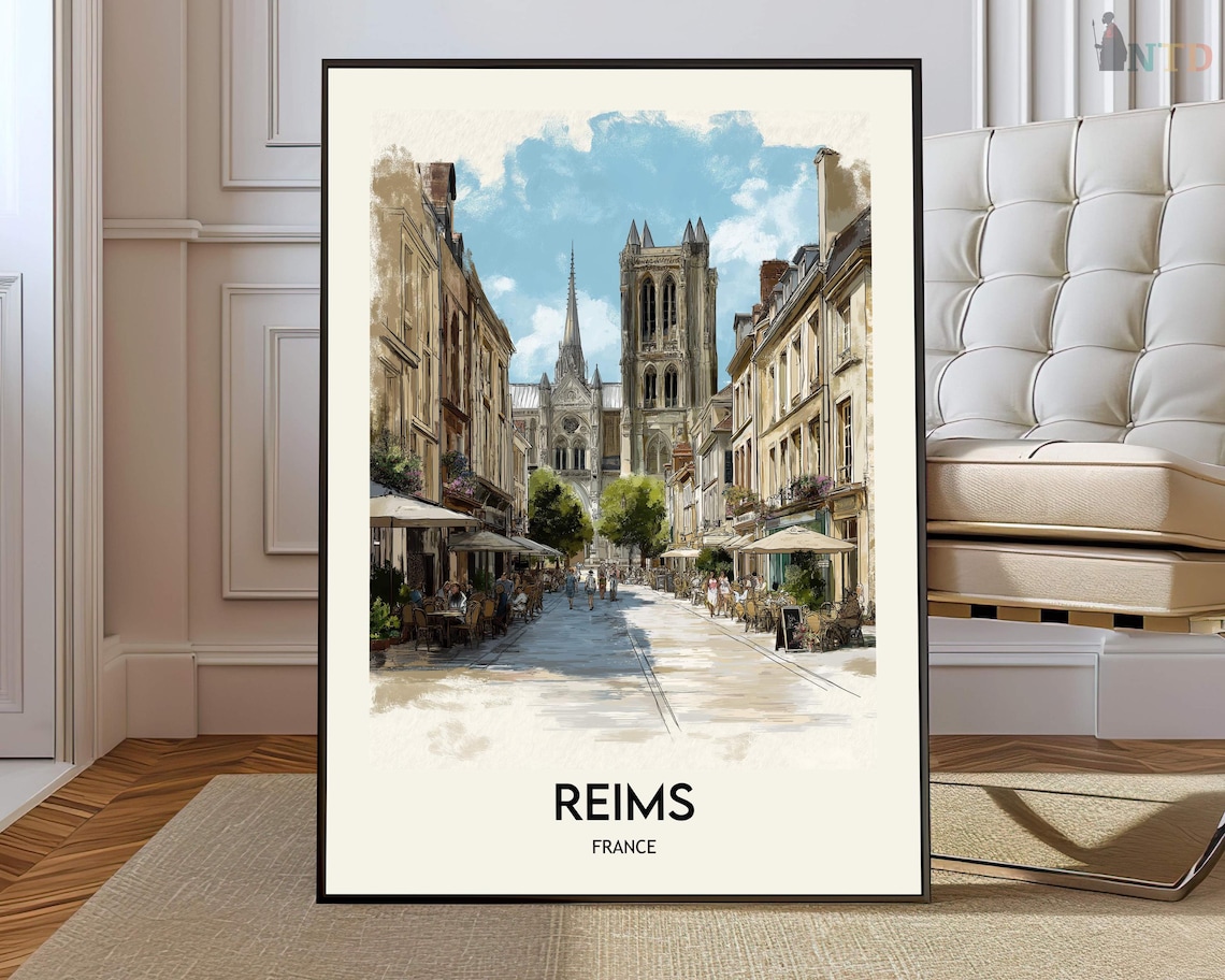 Reims France Travel Poster Watercolor Historic Street Cathedral Art