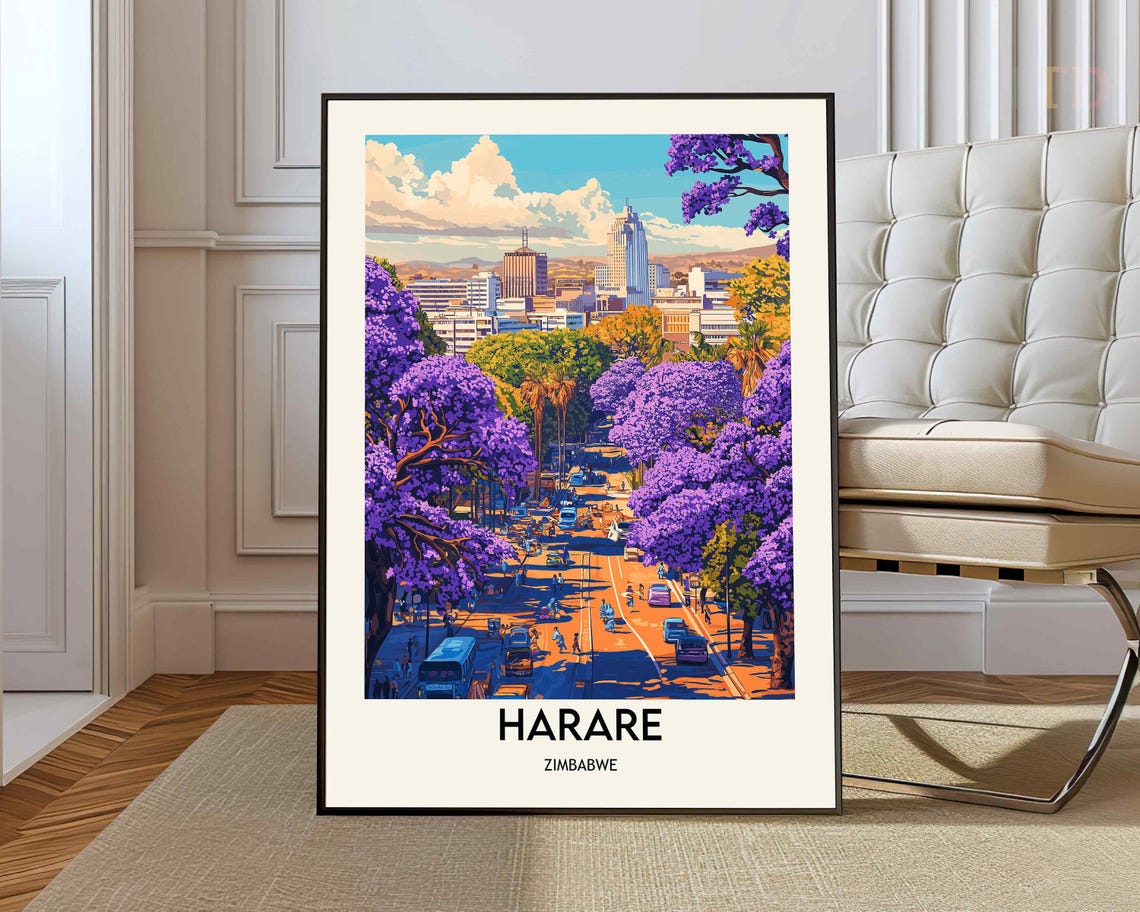 Harare Zimbabwe Jacaranda Bloom Avenue City Skyline Travel Poster