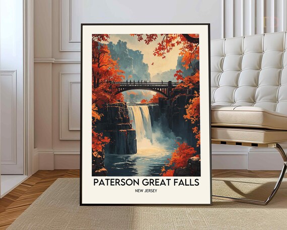 Paterson Great Falls New Jersey Autumn Bridge Vintage Travel Poster