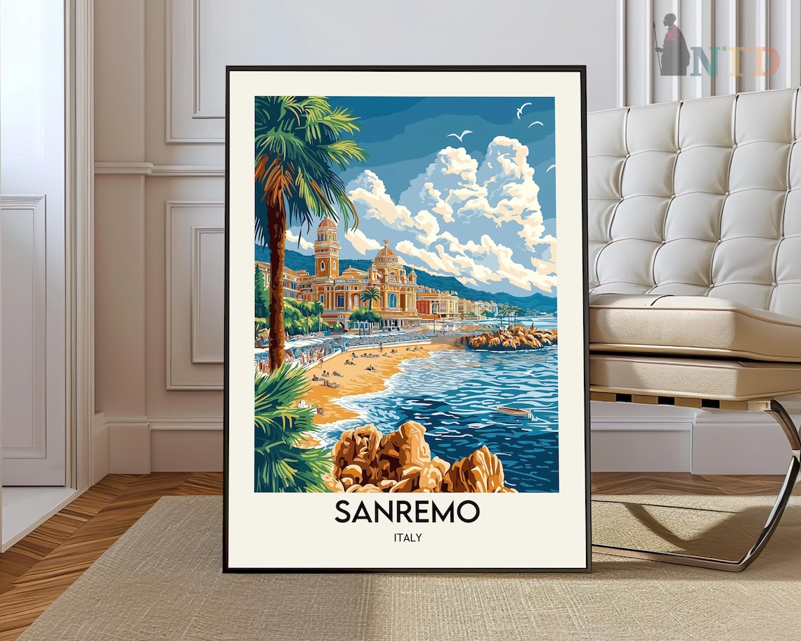 Sanremo Italy Riviera Beachfront Casino Vintage Travel Poster