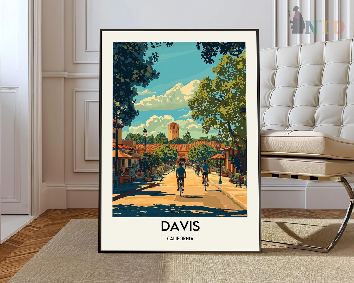 Davis California Downtown Cyclists Street Retro Travel Poster