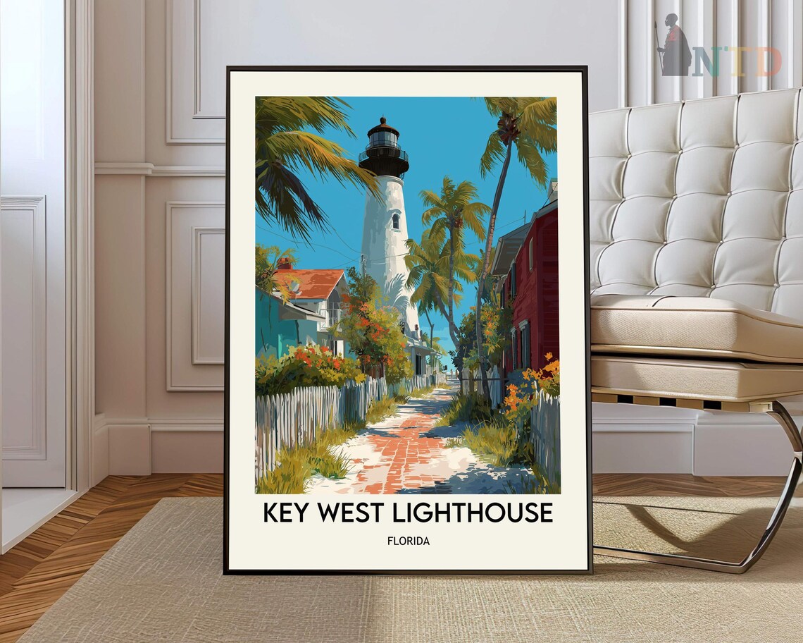 Key West Lighthouse Florida Palm Lined Brick Lane Coastal Travel Scene Poster