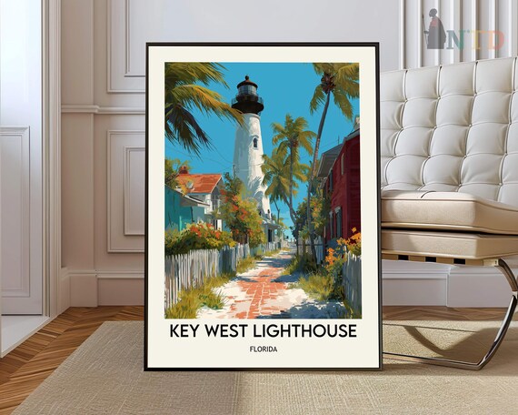 Key West Lighthouse Florida Palm Lined Brick Lane Coastal Travel Scene Poster