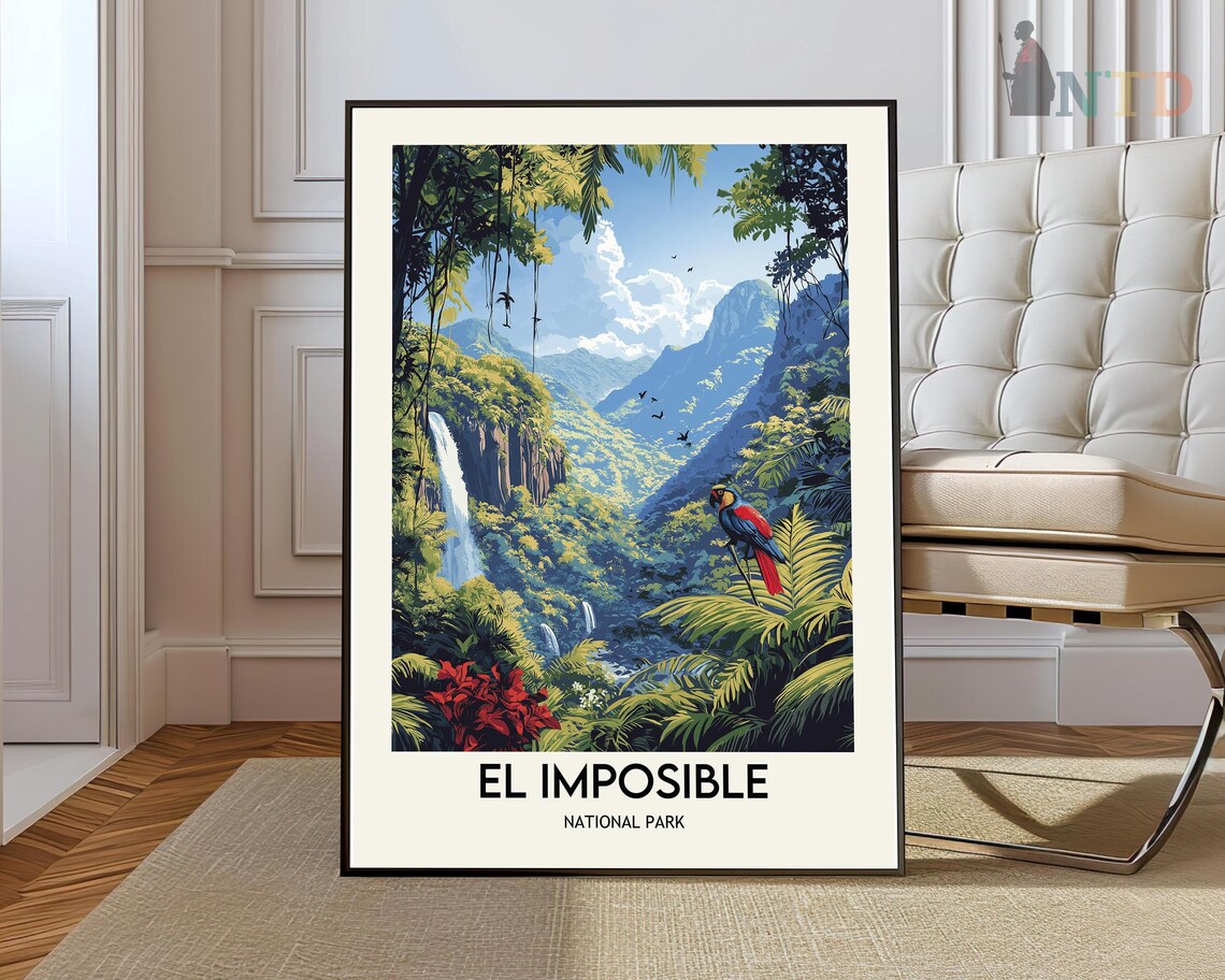 El Imposible National Park Waterfall Macaw Jungle Wildlife Poster