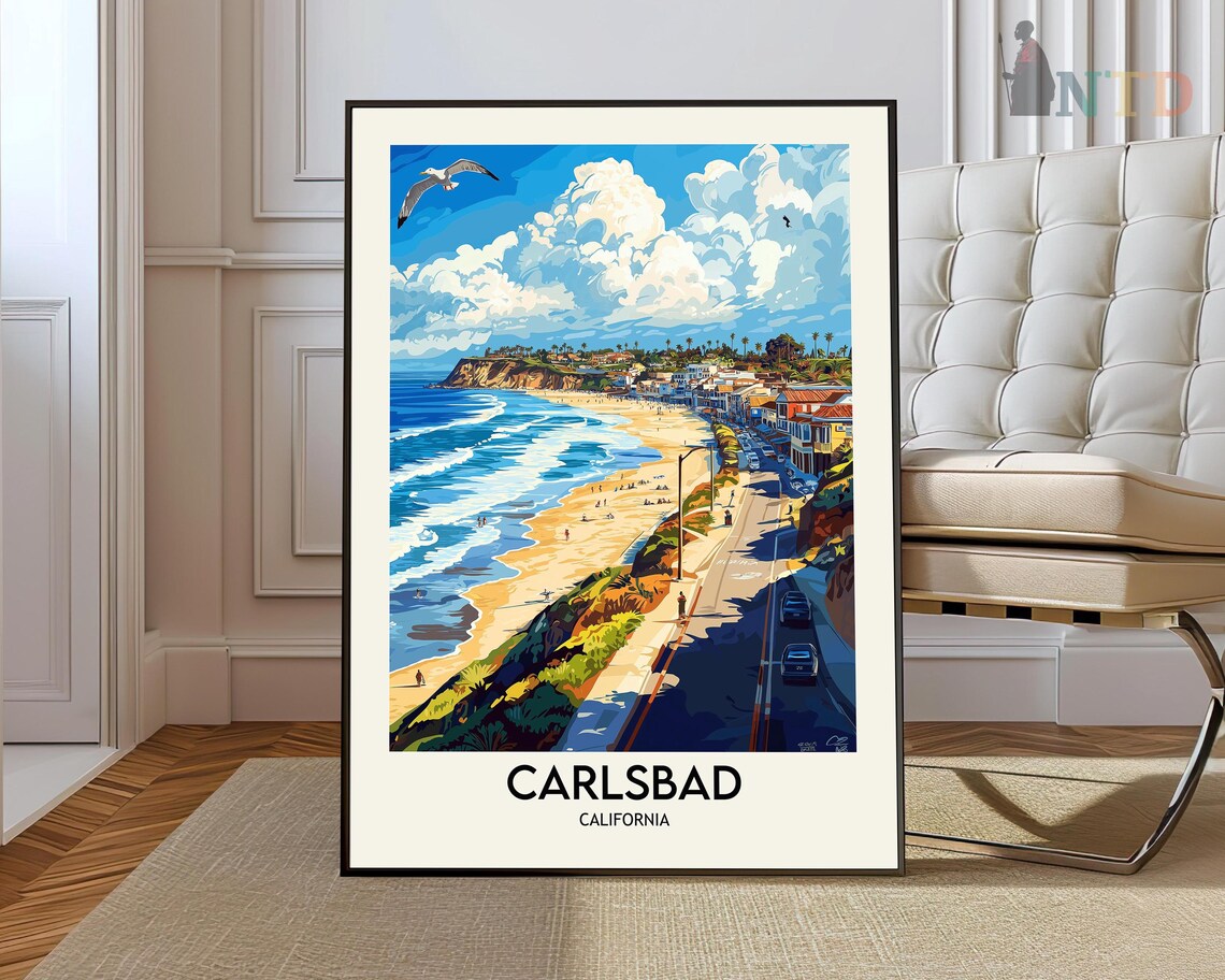Carlsbad California Beach Highway Seagull Vintage Travel Poster