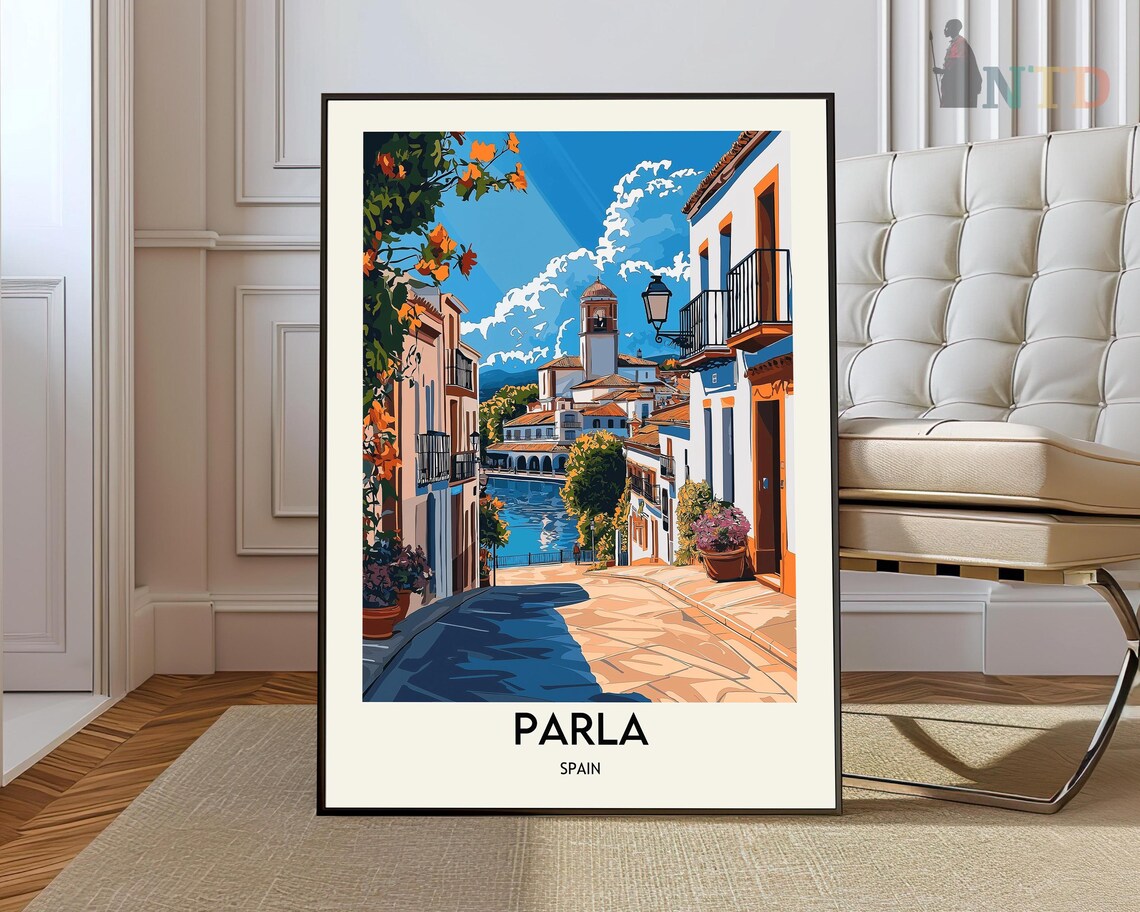 Parla Spain Old Town Flower Street Church Vintage Travel Poster
