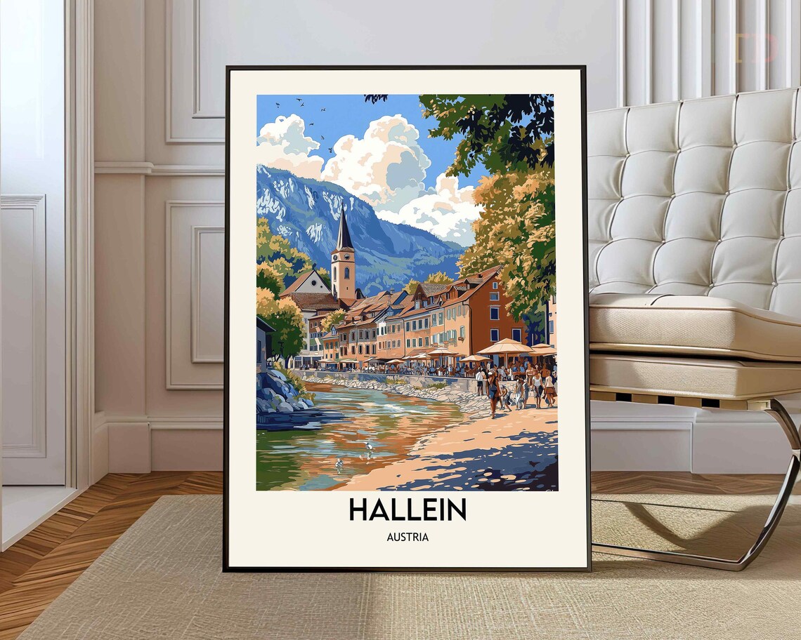 Hallein Austria Salzach Riverside Old Town Mountain View Travel Poster