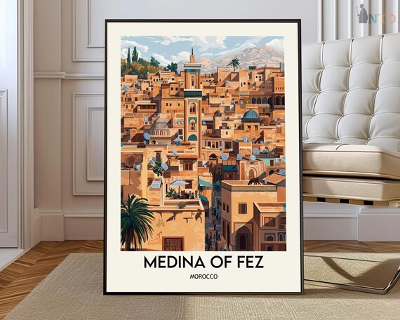 Medina of Fez Morocco Rooftop Minaret Panoramic Old Town Travel Poster