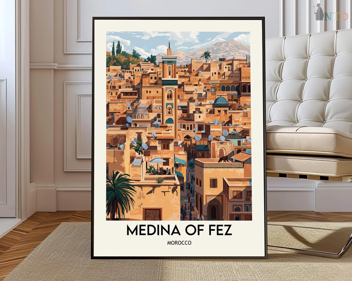 Medina of Fez Morocco Rooftop Minaret Panoramic Old Town Travel Poster