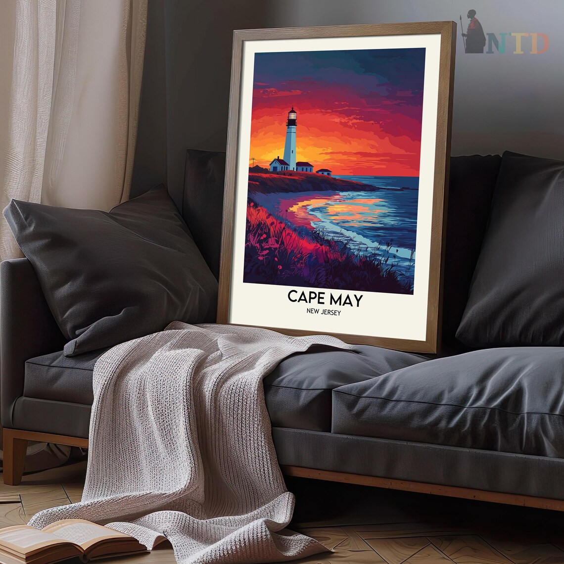 Cape May Lighthouse Fiery Sunset Over the Sea Waves Travel Poster - Image 3