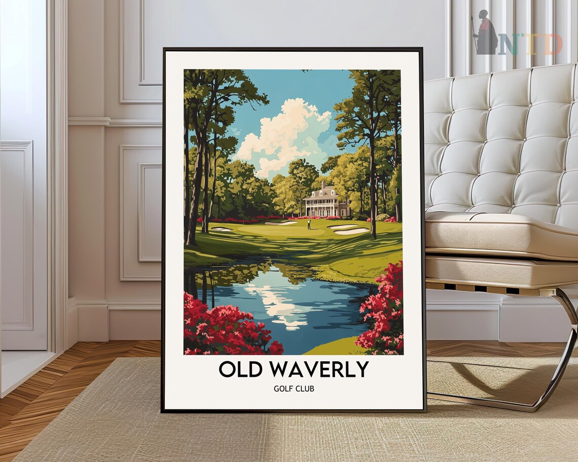 Old Waverly Golf Club Lakeside Course With Red Azaleas Vintage Golf Poster