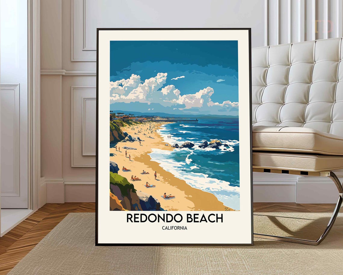 Redondo Beach California Pier Sunbathers Ocean Waves Summer Poster
