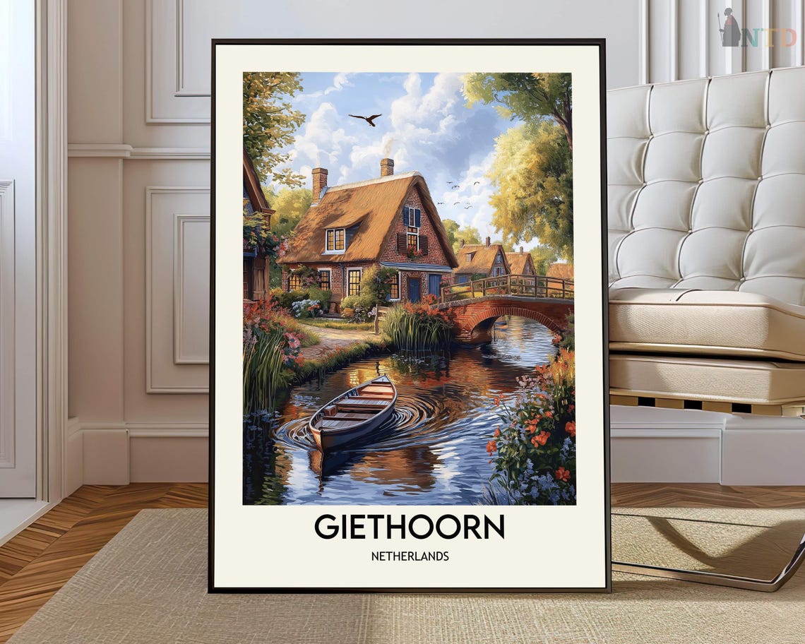 Giethoorn Netherlands Thatched Cottage Canal Scene Travel Poster