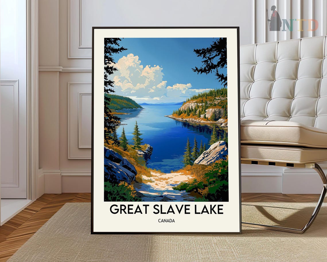 Great Slave Lake Canada Deep Blue Water Pine Forest View Poster