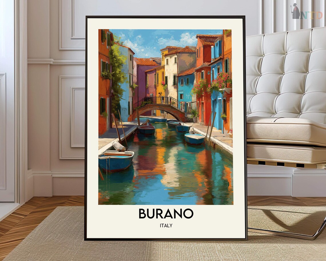 Burano Italy Canal Bridge Boats Colorful Houses Travel Poster