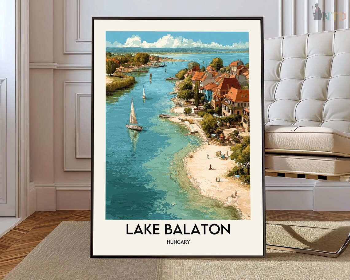Lake Balaton Hungary Sailboats Shoreline Vintage Travel Poster