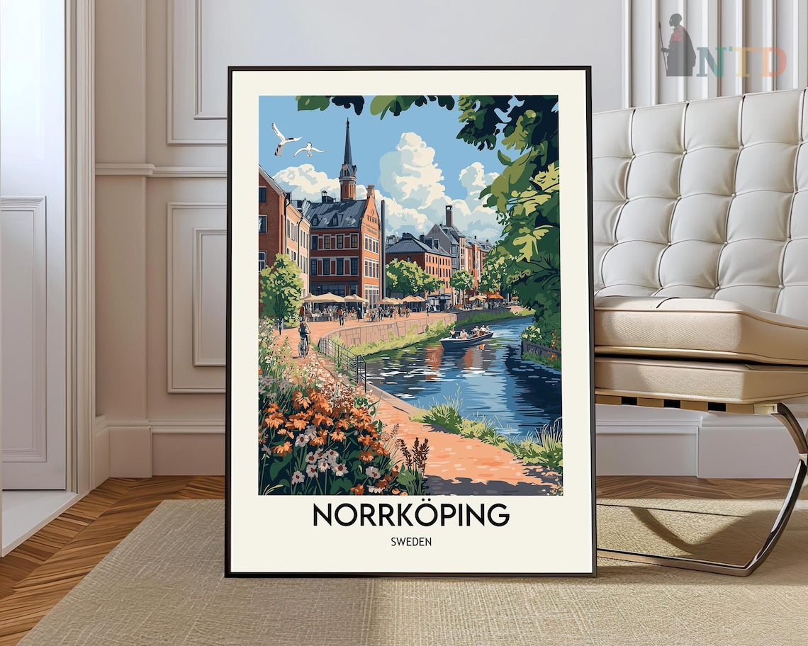 Norrkoping Sweden Canal Old Town Flowers Summer Day Travel Poster