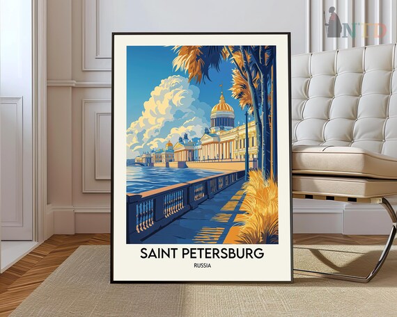 Saint Petersburg Russia River Embankment Golden Dome Travel Poster
