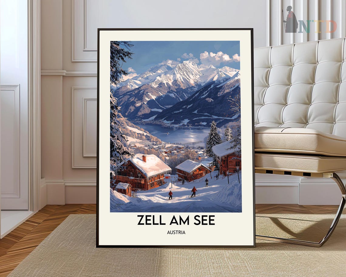 Zell Am See Austria Snowy Ski Village Alpine Lake Travel Poster