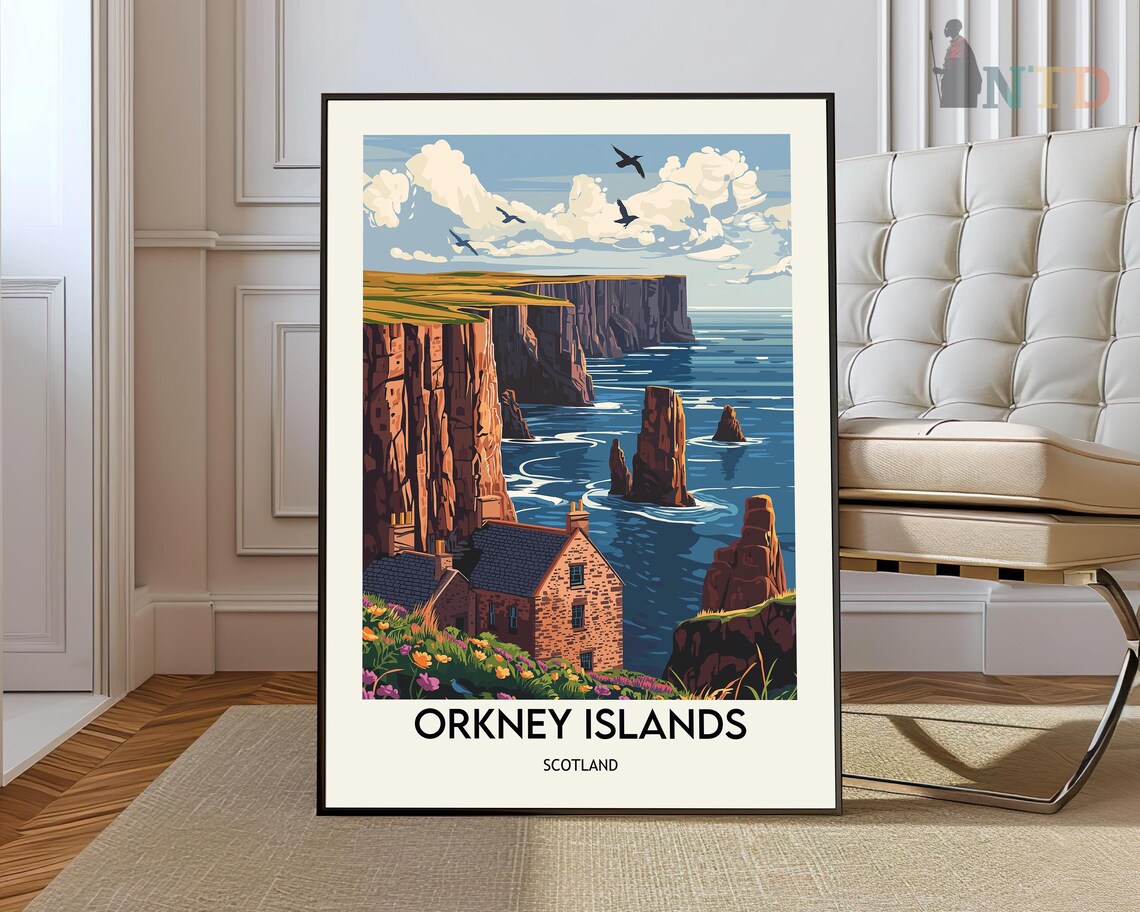 Orkney Islands Scotland Stone Cottage Sea Stacks Travel Poster