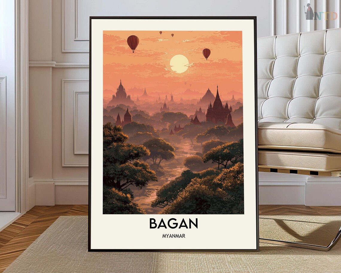 Bagan Myanmar Sunset Hot Air Balloons Ancient Temple Travel Poster